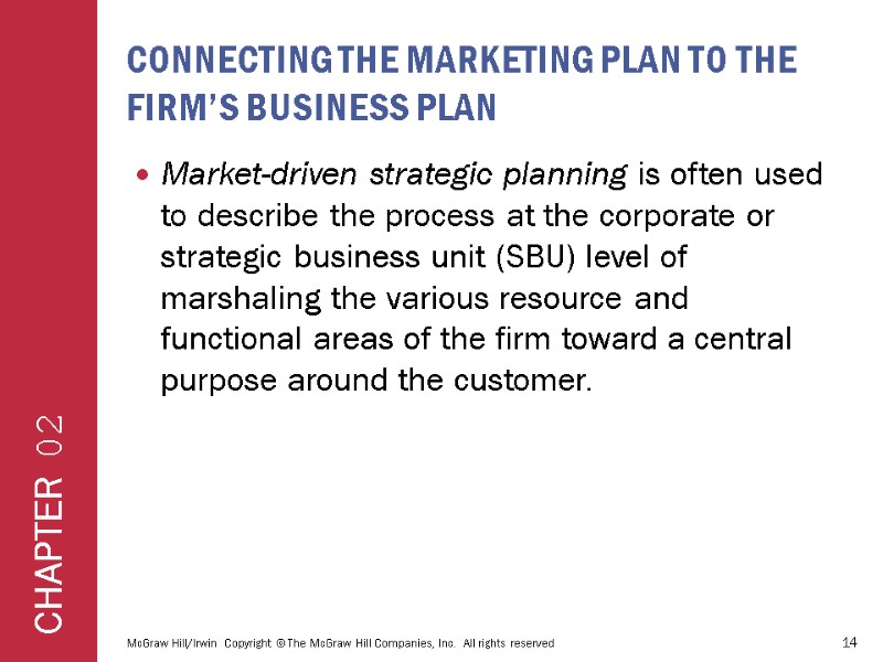 Connecting the Marketing Plan to the Firm’s Business Plan Market-driven strategic planning is often